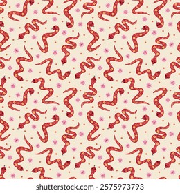 Chinese New Year stylized snake zodiac animal illustrations on beige vector seamless pattern design.