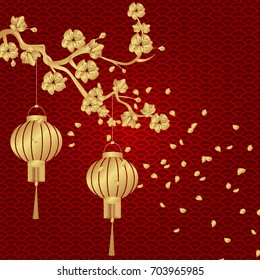 Chinese New Year. Stylized under the bronze of Chinese lanterns on a cherry branch with flying petals. Round. Vector illustration