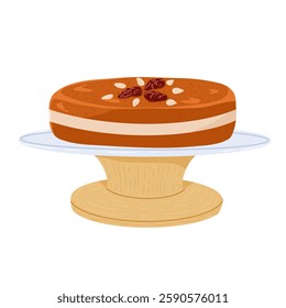 Chinese New Year sweet rice cake vector hand drawn illustration. Traditional food for holidays. Nian Gao cake with dry jujube and ginkgo nuts toppings on a plate isolated on white