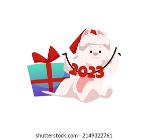 Chinese New Year symbol of 2023 the rabbit animal with gift box, flat cartoon vector illustration isolated on white background. New Year holiday bunny or rabbit.