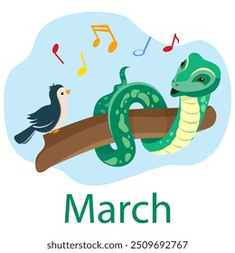 Chinese new year symbol 2025. Year of the snake illustration for calendar. March month.