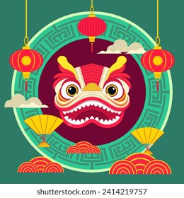 Chinese New Year symbol in cartoon style on green background. Dragon with traditional Chinese lanterns and paper fans. Lunar New Year concept