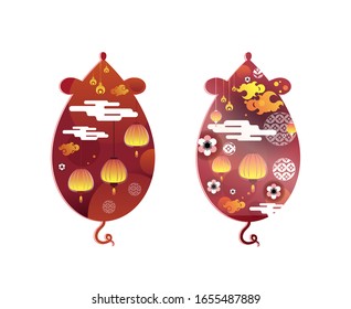 chinese new year symbol. rat zodiac and abstract flower texture on mouse shape. Abstract character mouse china new year. Animal cartoon character. Chinese traditional design.