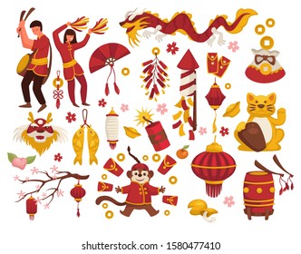 Chinese New Year Symbols, Asian Man And Woman, Lantern And Firecracker, Isolated Icons Vector. Fan And Maneki-neko Cat, Lucky Coin And Dragon. Drum And Cookies With Wishes, Sakura And Gold Carps