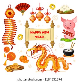 Chinese New year symbols set isolated on white background. Cartoon New year decorations. Vector illustration.