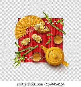 Chinese New year tea party. Decorative elements on transparent background