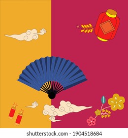 Chinese new year. Template banner, poster in oriental style. Japanese and chinese. Cloud, tree, sakura, blue Chinese fan, Vector illustration.