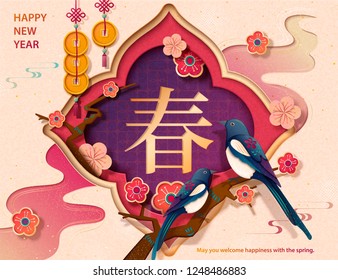 Chinese new year template with pica pica and plum flowers in paper art style, Spring word written in Hanzi