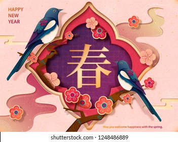 Chinese new year template with pica pica and plum flowers in paper art style, Spring word written in Hanzi