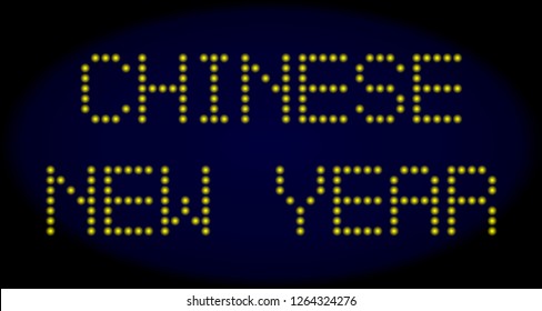 Chinese New Year text in LED style with round glowing dots. Vector bright yellow letters forms Chinese New Year text on a dark blue background. Digital font with round elements.