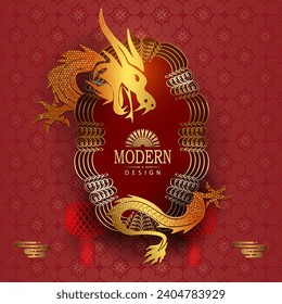Chinese New Year, texture illustration, frame with dragon isolated from background.