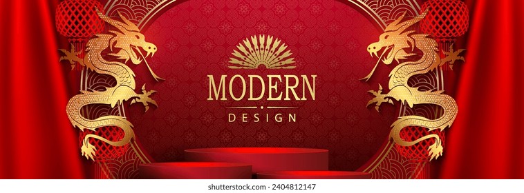 Chinese New Year, texture red illustration with scene and golden dragons.