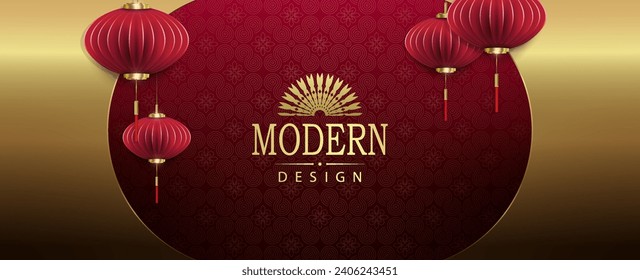 Chinese New Year, texture red illustration with oval frame and air lanterns.