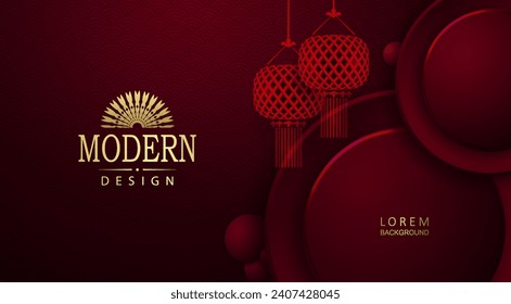 Chinese New Year, texture red illustration with round frame and red lanterns.