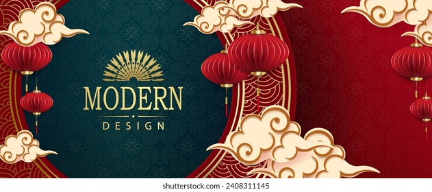 Chinese New Year, texture red illustration with frame with gold ornament and air lanterns.