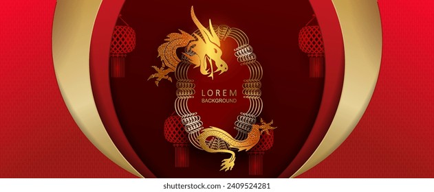 Chinese New Year, texture red illustration with oval curtains and golden dragon.