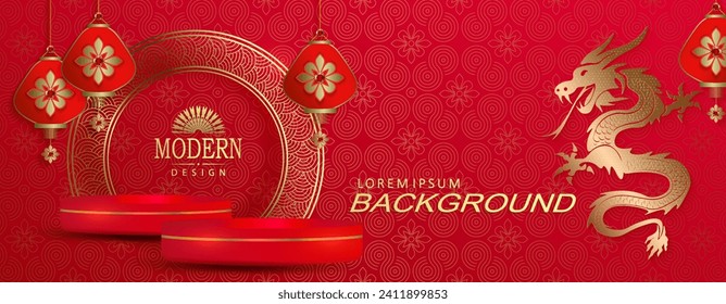 Chinese new year, texture red illustration with golden color dragon and podium with frame.