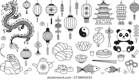 El tema chino del Año Nuevo con contornos gráficos de un dragón, linternas, comida, panda y arquitectura crean un conjunto cultural, disponible como un Vector con fondo transparente.