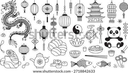 Chinese New Year theme with graphic outlines of a dragon, lanterns, food, panda, and architecture create a cultural set, available as a vector with transparent background.