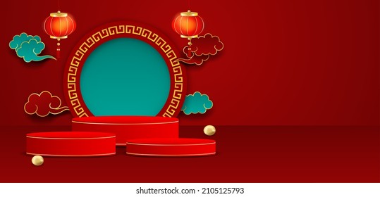 Chinese new year theme product presentation podium display on red background. Vector. 