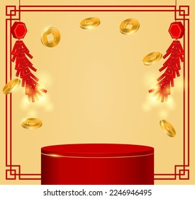 Chinese new year theme product display. Design with podium and gold coins on soft gold background. Vector. illustration.