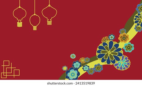 The Chinese New Year themed background is red with gold accents and flowers that give an abstract impression