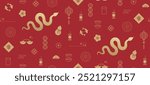 Chinese New Year themed seamless pattern with golden snakes and festive elements on red background. 2025 Chinese New Year, the Year of the Snake. (Chinese Translation: Spring)