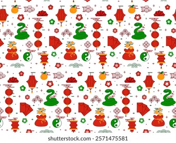 Chinese New Year themed seamless pattern with green snakes and festive elements on transparent background. 2025 Chinese New Year, the Year of the Snake.
