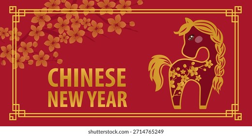 Ilustración vectorial temática del Año Nuevo chino con un caballo estilizado con diseños de flores de cerezo sobre un fondo rojo. Los acentos dorados y los motivos florales enfatizan las tradiciones festivas.