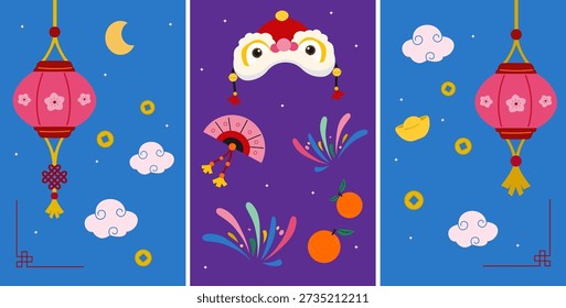 Chinese New Year three panel illustration set with lanterns, Lion Dance and cultural symbols. A colorful triptych on blue purple backgrounds features traditional icons like lanterns, a lion dance, oranges, lucky coin