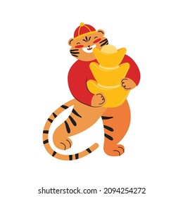 Chinese new year, year of the tiger 2022. Cute tiger holds a big pile of gold ingot. Holiday cartoon character in red traditional clothes. Chinese zodiac symbol. Hand drawn vector illustration