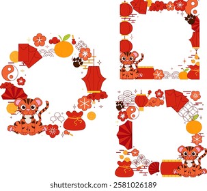 Chinese New year of Tiger 2034 vector graphic line round circle frame set. style banner frame scroll board decoration on transparent background CNY lantern festival
