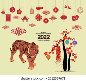 Chinese new year tiger with blossom and firecracker. Happy chinese new year 2022, year of the tiger