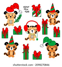 Chinese New Year tiger cubs collection. Set of five cute tigris kids, santa claus hats and gifts. Perfect for poster, greeting card, stickers and prints. Vector illustration for decor and design.
