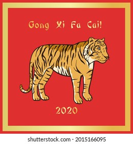 Chinese new year tiger red and gold vector card. Christmas vintage wild animal oriental banner. Beauty celebration color concept. Gong xi fa cai 