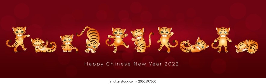 Chinese New Year of the tiger. Set of 10 cute tigers in different poses with signs 2022 on red background. Fits for designing kids clothes, greeting cards, banners, posters. Vector illustration