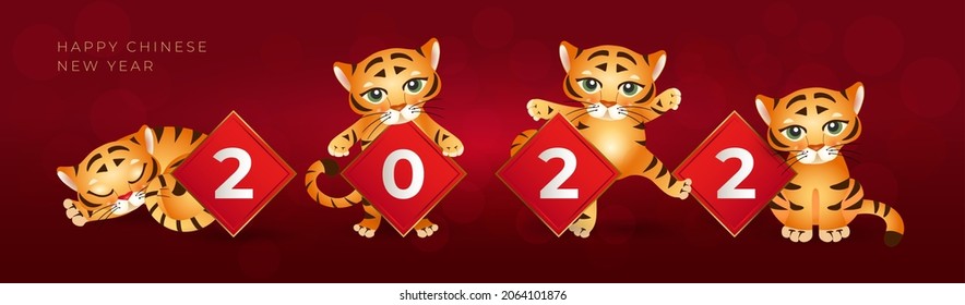 Chinese New Year of the tiger. Set of 10 cute tigers in different poses with signs 2022 on red background. Fits for designing kids clothes, greeting cards, banners, posters. Vector illustration
