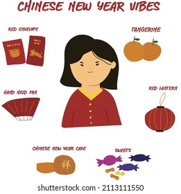 Chinese New Year Tiger vibes vector consist of tangerine, red envelope, hand held fan, Chinese new year cake and sweets