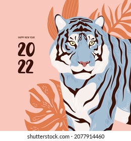 Chinese New Year. Tigers modern greeting card. Symbol of 2022