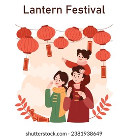 Chinese New Year tradition. Cheerful asian family leisure on festive day. Characters celebrate national asian festivity with fireworks, lantern and dragon dance. Flat vector illustration