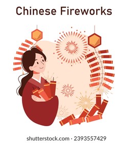 Tradición china de Año Nuevo. Alegre ocio familiar asiático en un día festivo. Los personajes celebran la festividad nacional asiática con fuegos artificiales, linternas y baile de dragones. Ilustración vectorial plana