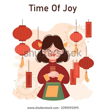 Chinese New Year tradition. Cheerful asian family leisure on festive day. Characters celebrate national asian festivity with fireworks, lantern and dragon dance. Flat vector illustration