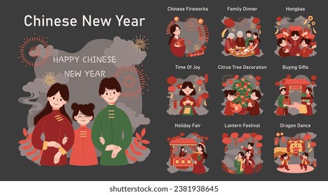 Chinese New Year tradition dark or night mode set. Cheerful asian family leisure on festive day. Celebrate national asian festivity with fireworks, lantern and dragon dance. Flat vector illustration