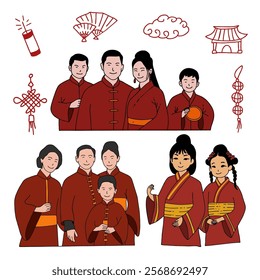 Chinese New Year tradition family set. Cheerful chinese family leisure on festive day. Characters celebrate national asian festivity doodle illustration