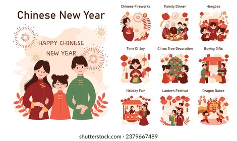 Chinese New Year tradition set. Cheerful asian family leisure on festive day. Characters celebrate national asian festivity with fireworks, lantern and dragon dance. Flat vector illustration