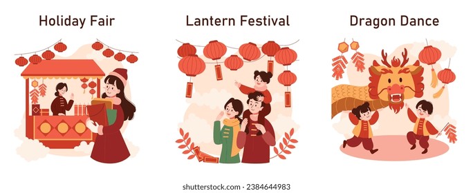 Tradición china de Año Nuevo. Alegre ocio familiar asiático en un día festivo. Los personajes celebran la festividad nacional asiática con fuegos artificiales, linternas y baile de dragones. Ilustración vectorial plana