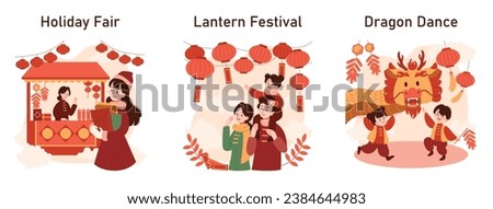 Chinese New Year tradition set. Cheerful asian family leisure on festive day. Characters celebrate national asian festivity with fireworks, lantern and dragon dance. Flat vector illustration