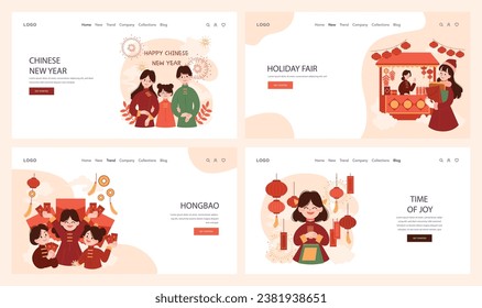 Chinese New Year tradition web banner or landing page set. Cheerful asian family leisure on festive day. Characters celebrate with fireworks, lantern and dragon dance. Flat vector illustration