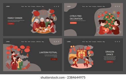 Chinese New Year tradition web banner or landing page dark or night mode set. Asian family festive leisure. Characters celebrate with fireworks, lantern and dragon dance. Flat vector illustration