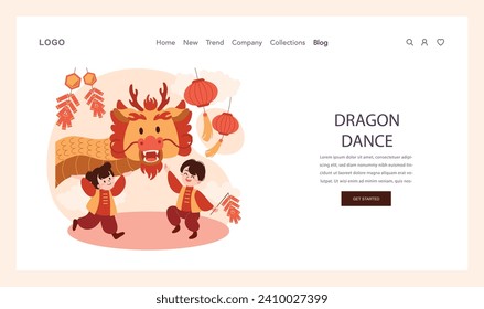 Chinese New Year tradition web banner or landing page. Cheerful asian family leisure on festive day. Characters celebrate with fireworks, lantern and dragon dance. Flat vector illustration